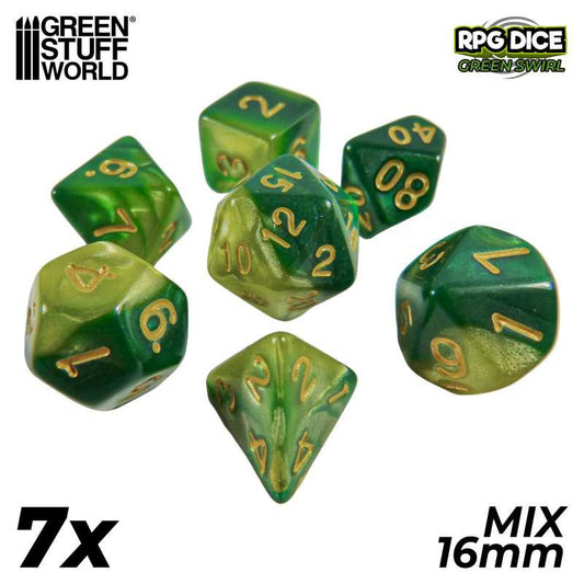 7x Mix 16mm Dice - Green Swirl