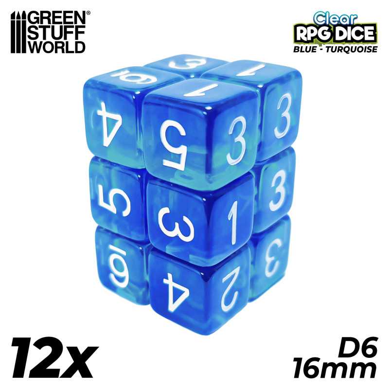 12x D6 16mm Dice - Clear Blue/Turquoise
