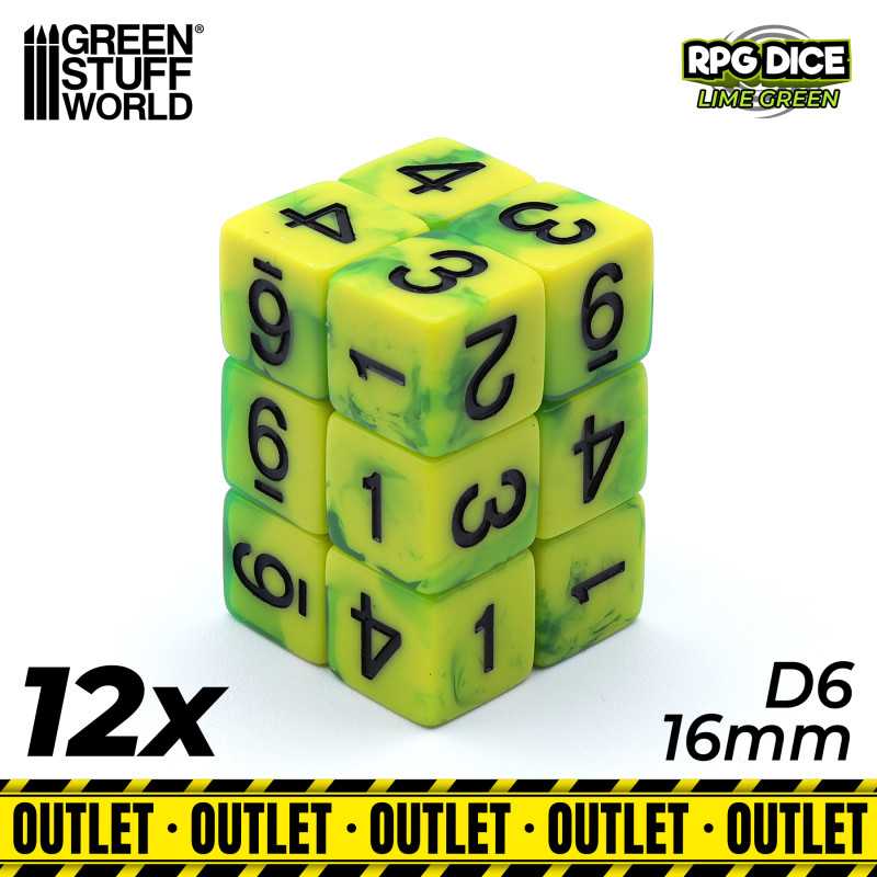 12x D6 16mm Dice - Lime Marble OUTLET