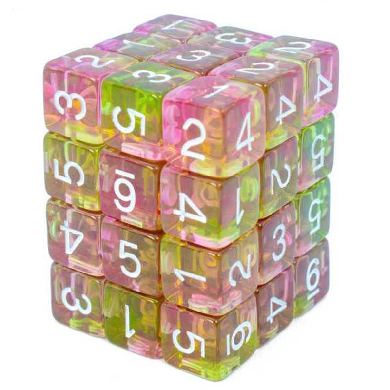 36x D6 12mm Dice - Clear Lime and Pink