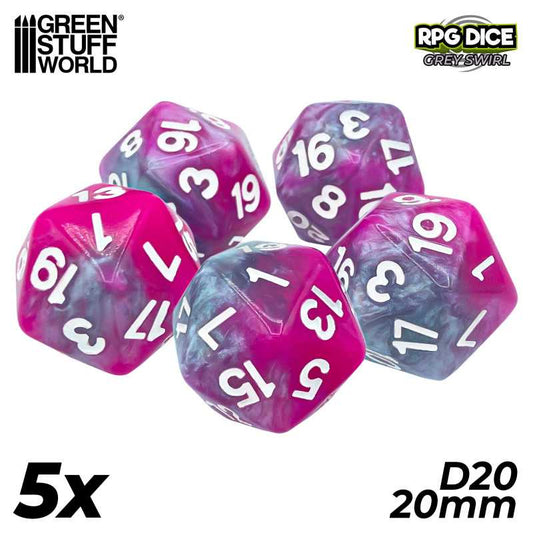 5x D20 20mm Dice - Pink - Grey