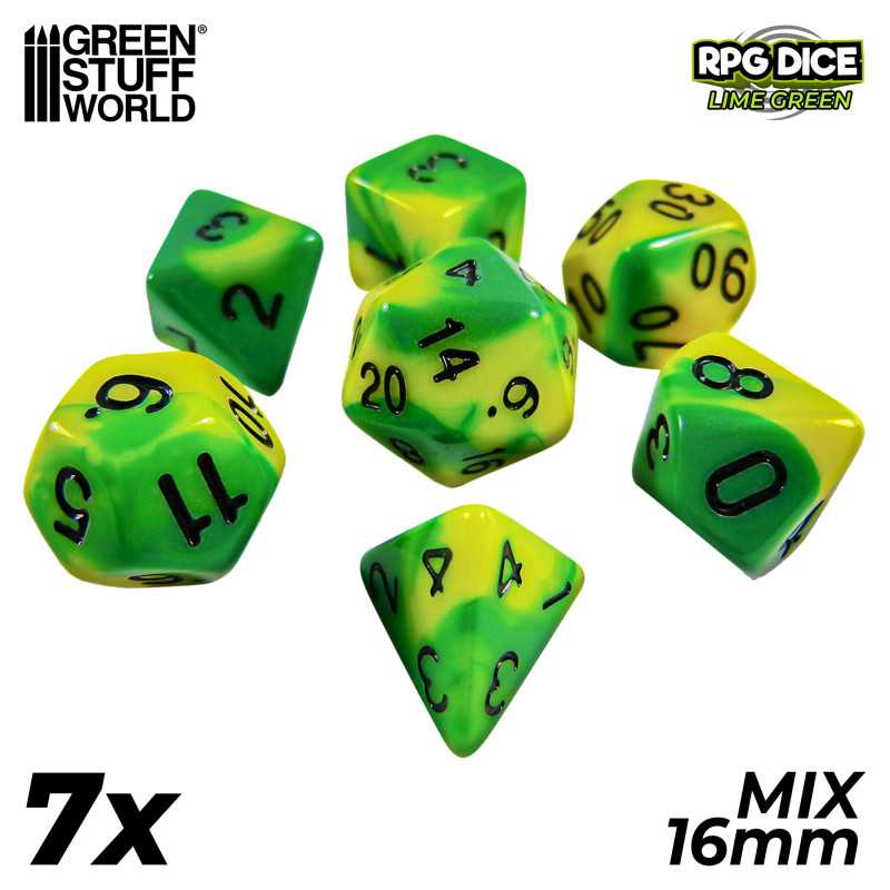 7x Mix 16mm Dice - Lime Swirl