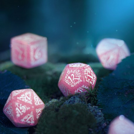 Q Workshop Elvish Dice Set - Shimmering Pink and White Dice Set 7