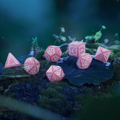 Q Workshop Elvish Dice Set - Shimmering Pink and White Dice Set 7